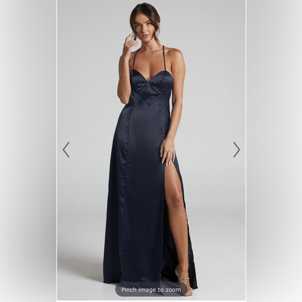 Satin Navy Maxi Dress, Cut Out Back & Slit